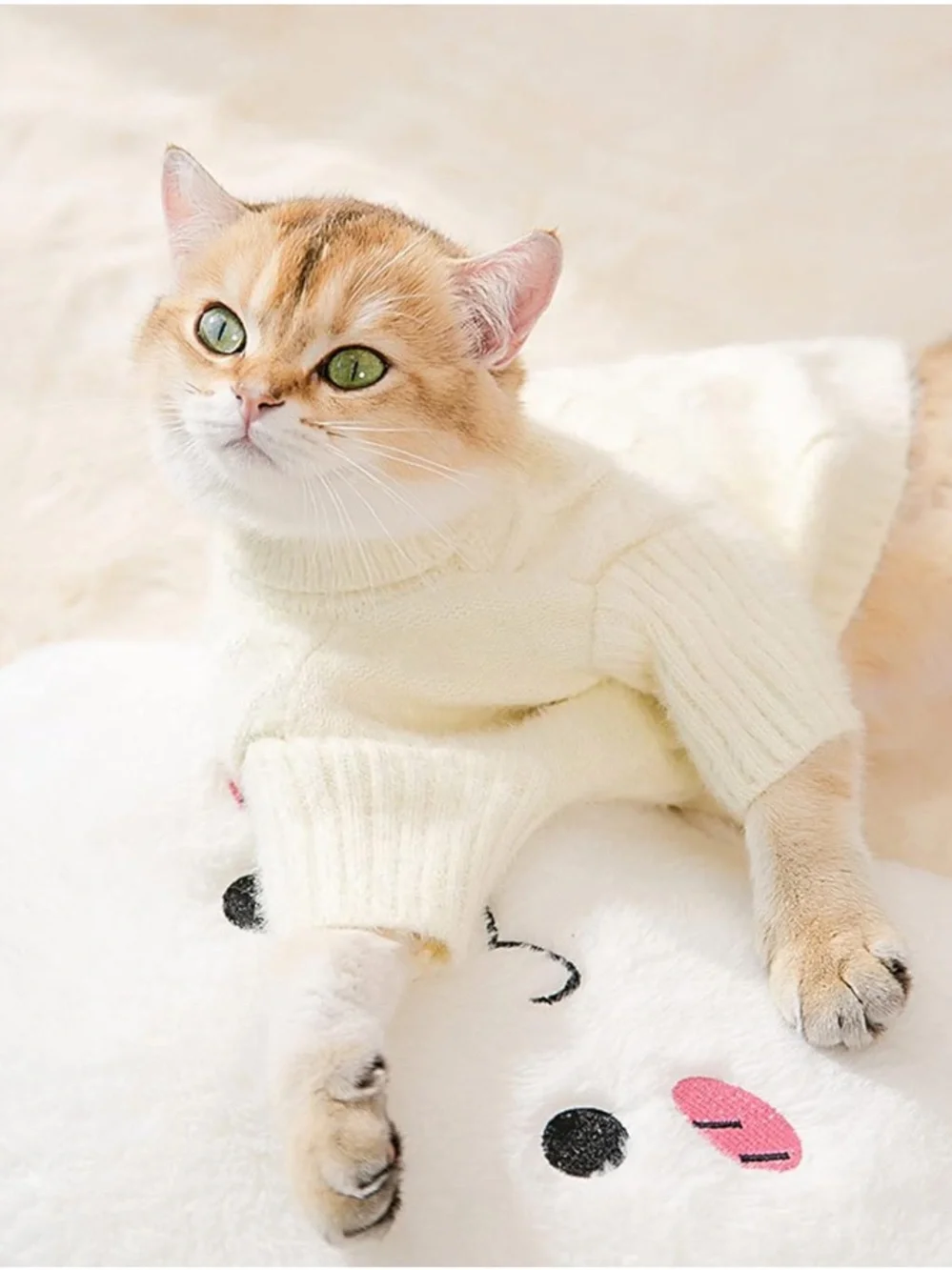 Cream Cable-Knit Cat Sweater with Pearl Button Accents